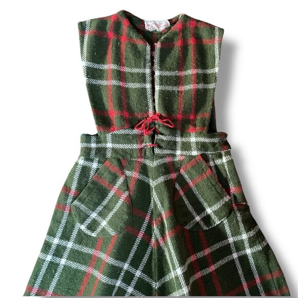 Vintage 1960s Girls Pinafore Dress Sz 6 7 Green Plaid Wool Jumper Christmas - Picture 3 of 7